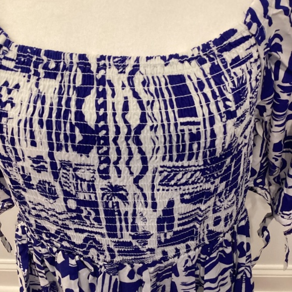 PUFF SLEEVE RESORT PRINT DRESS (Color: Blue/ White) - Picture 2 of 7